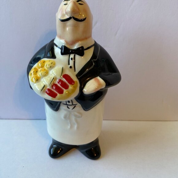 CIC Vintage Ceramic Chef Salt Shaker With Bow Tie & Serving Tray Design - Picture 1 of 6